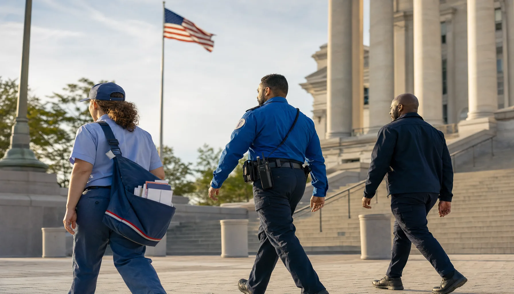 Federal workers from multiple agencies on a civic plaza