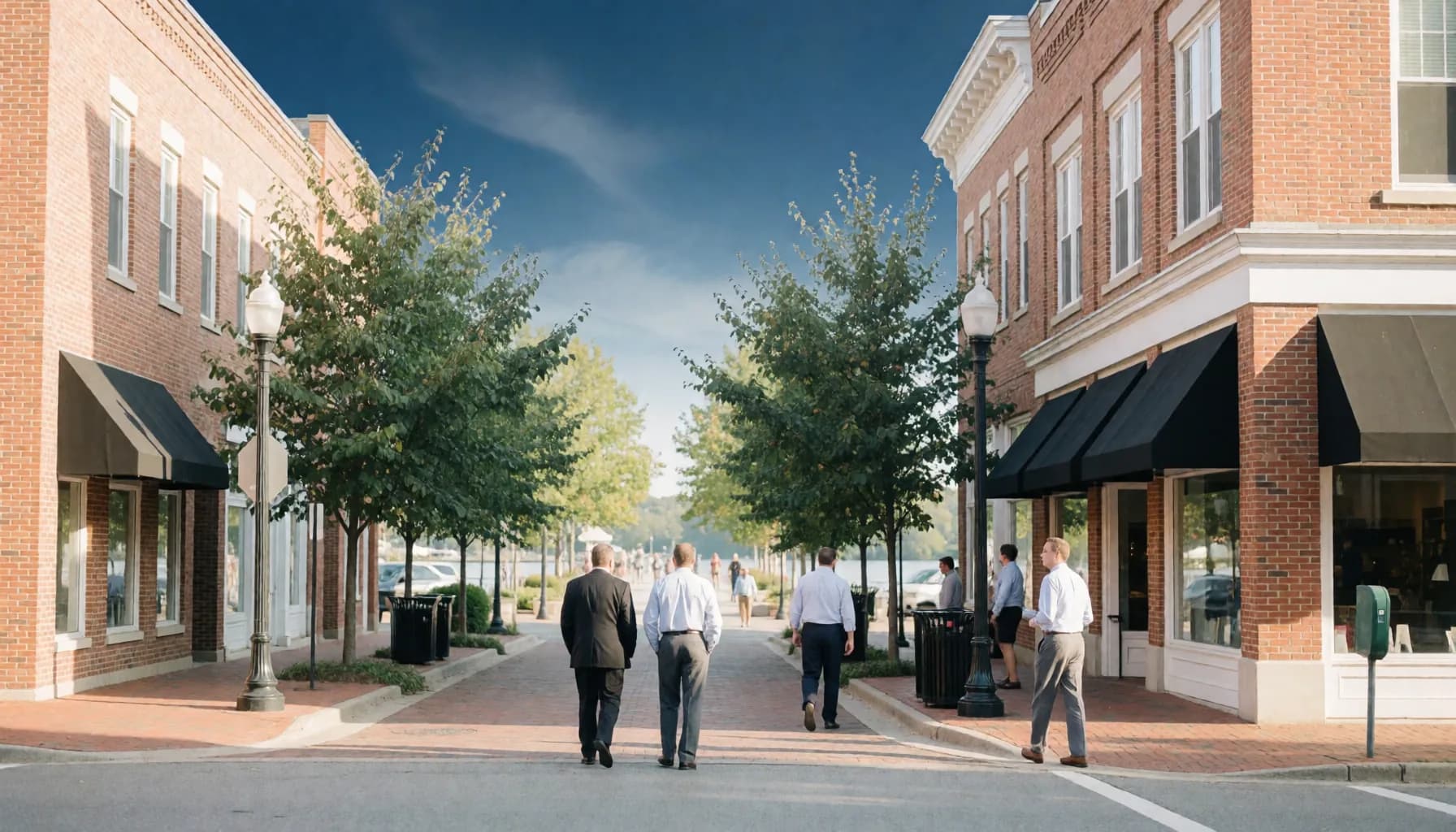 Brick storefronts on a downtown Wilmington, Delaware street opening toward the riverfront